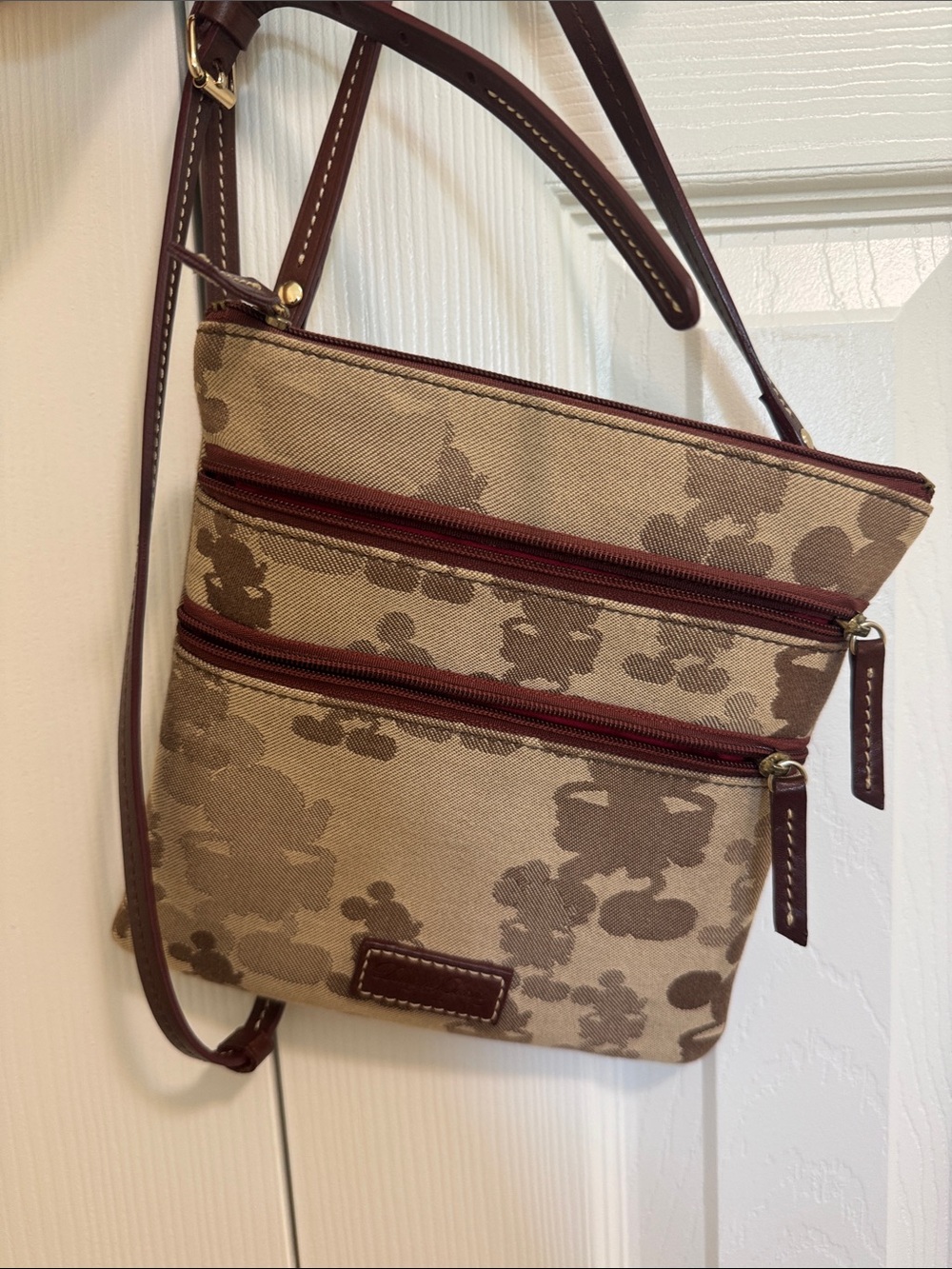 Canvas Crossbody Bag in Beige and Brown with Burgundy Trim Disney